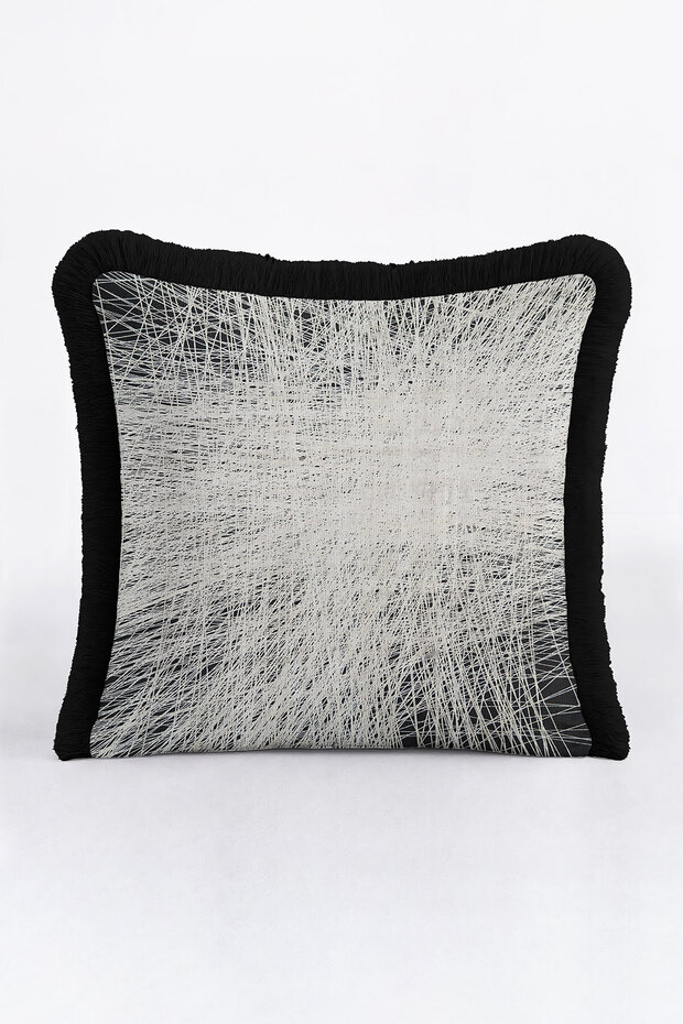 Modern Line Art Minimal Luxury Fringed Pillowcase-Black Gray Modern Tufted Throw Pillow Cover