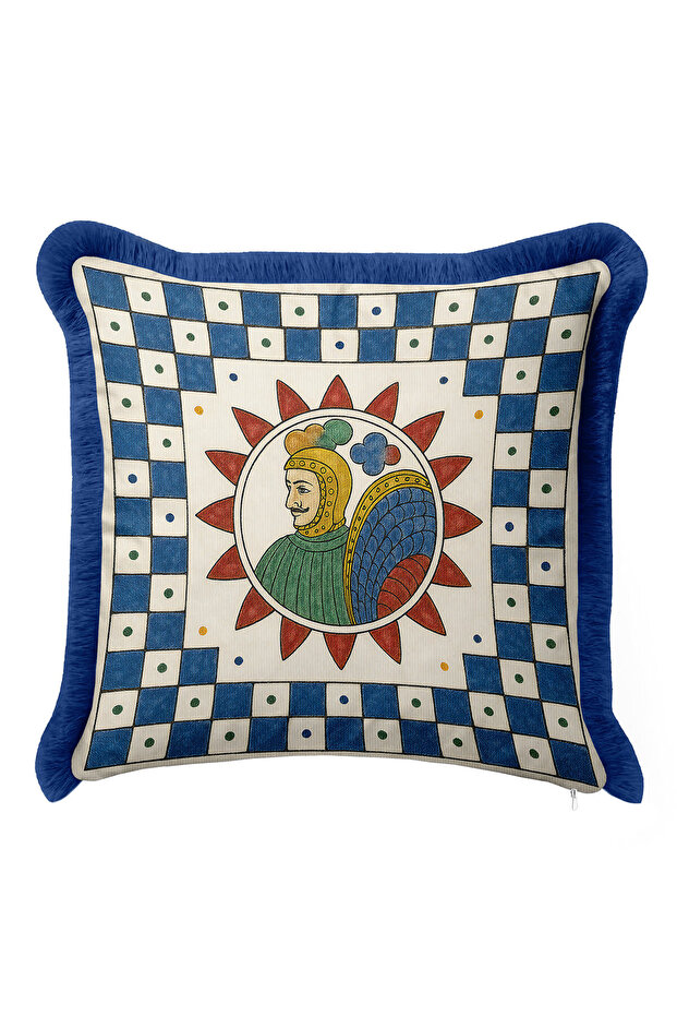 Oriental Figured Fringed Pillowcase - Traditional Ethnic Blue Gold Color Tassels Throw Pillow Cover