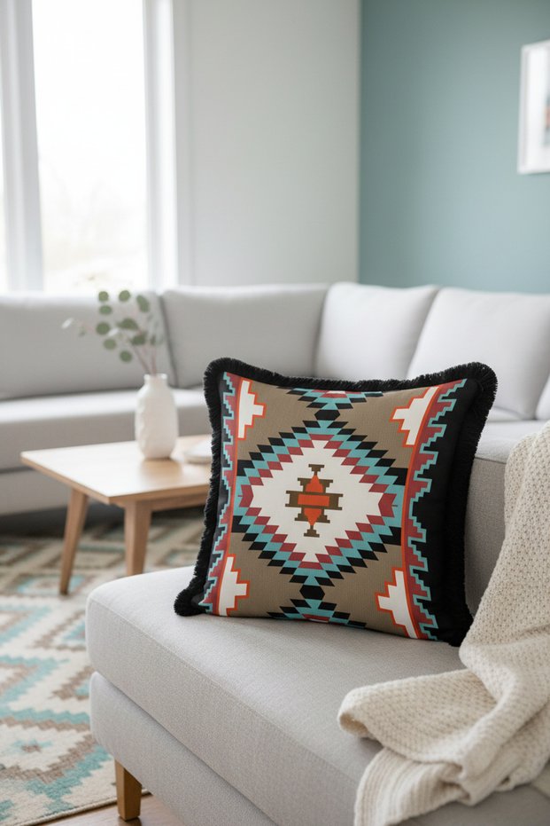 Ethnic Motif Fringed Pillowcase - Tribal Bohemian Mixed Color Tassel Throw Pillow Cover
