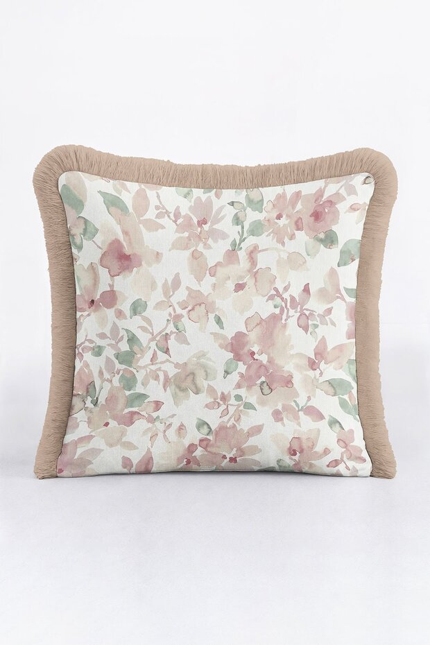 Pastel Floral Garden Fringed Pillowcase - Soft Romantic Vintage Powder Beige Tassel Throw Pillow Cover