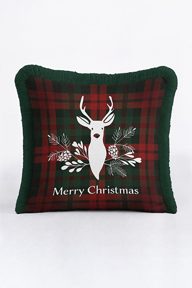 Luxury Plaid Deer Themed Fringed Pillowcase - Christmas Rustic Red Green Tassel Throw Pillow Cover