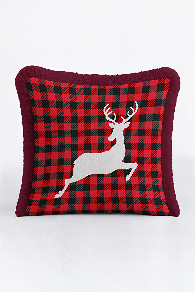 Checkered Deer Figured Fringed Pillowcase - Winter Rustic Burgundy Black Tassel Throw Pillow Cover
