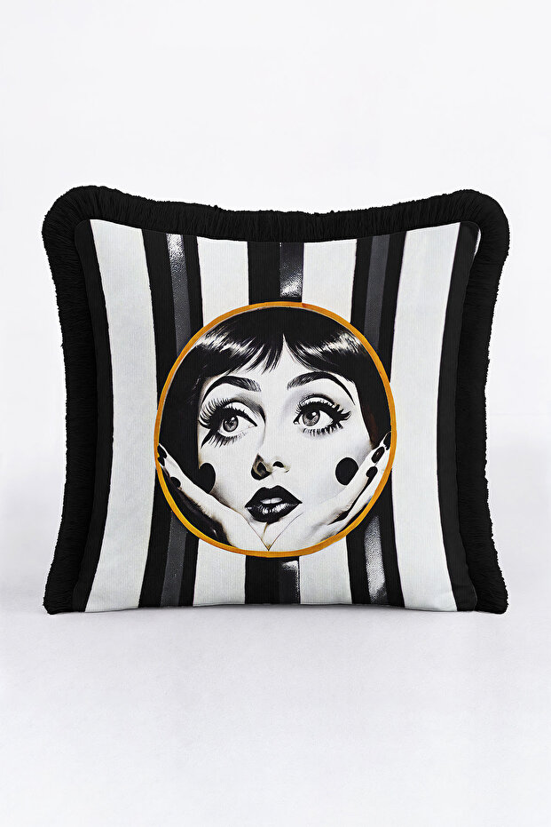 Art Deco Face Illustration Fringed Pillowcase-Striped Monochrome Modern Tufted Throw Pillow Cover