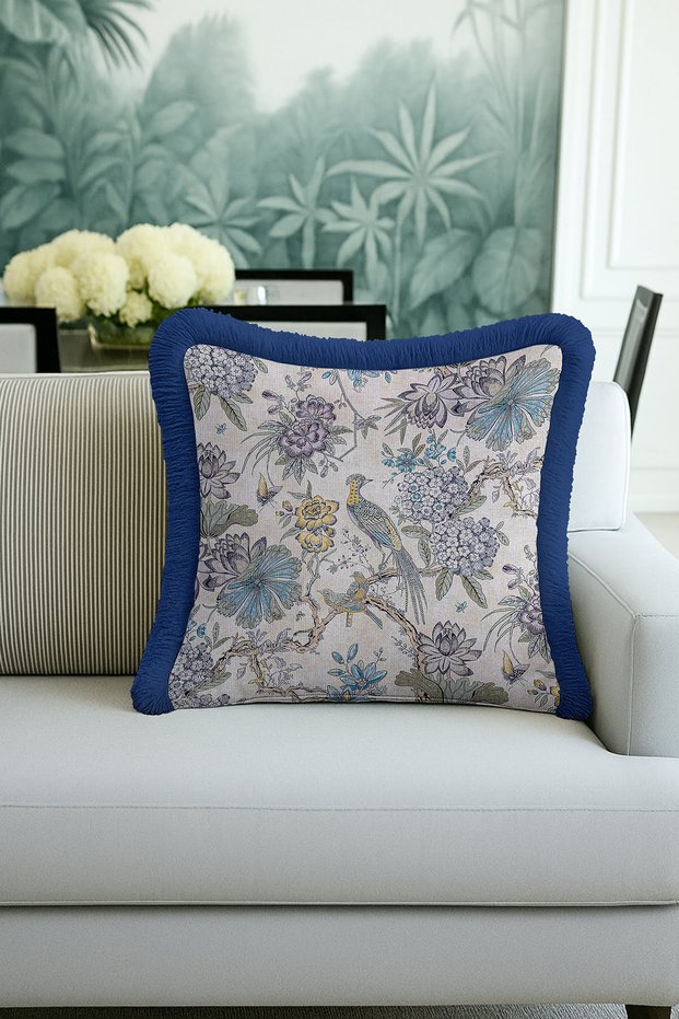 Elegant Bird Floral Fringe Pillowcase - Natural Garden Themed Country Blue Tufted Throw Pillow Cover