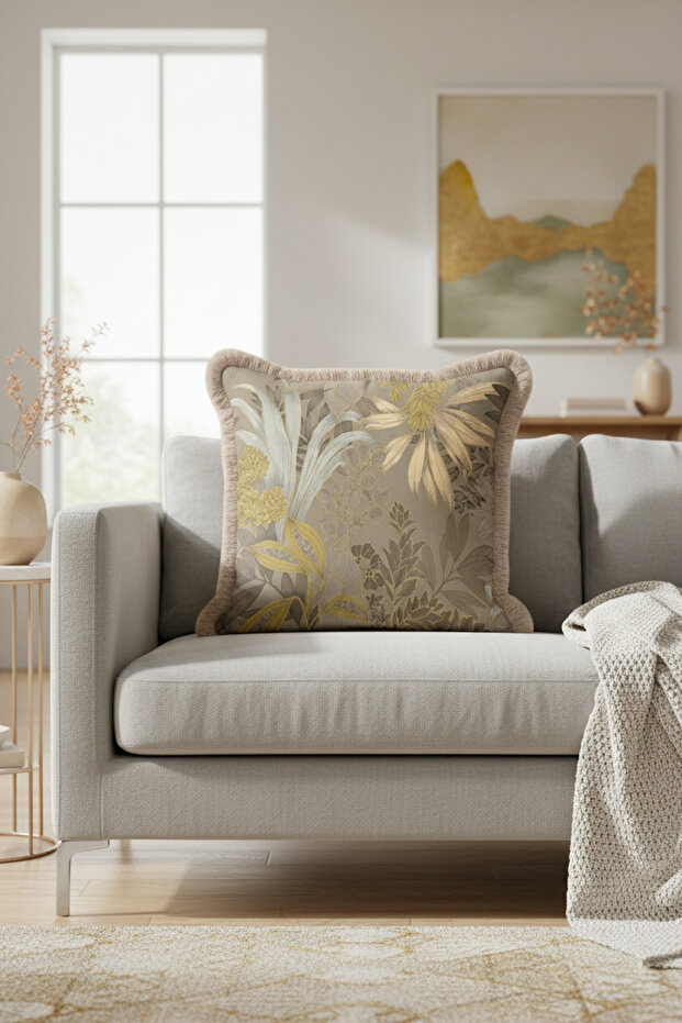 Luxury Leaf Motif Fringed Pillowcase-Vintage Natural Breeze Country Beige Tasseled Cushion Cover