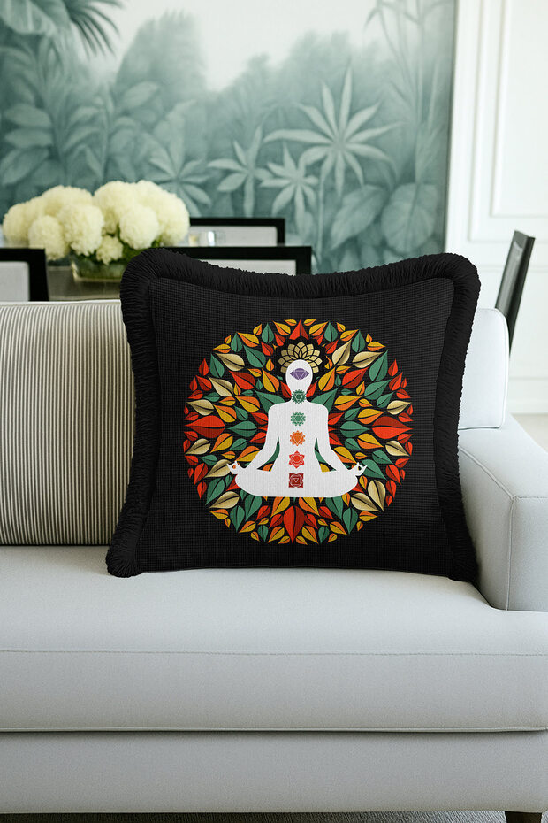 Chakra Mandala Fringed Pillowcase - Yoga Meditation Bohemian Black Tassel Throw Pillow Cover