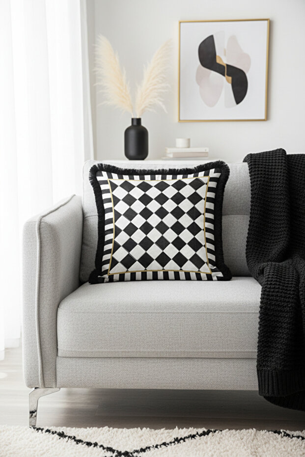 Luxury Geometric Fringe Pillowcase - Monochrome Modern Gold Color Tassel Throw Pillow Cover