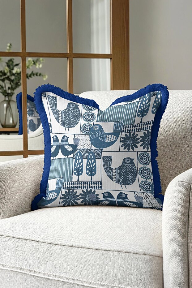 Nordic Bird Figured Fringed Pillowcase - Retro Blue Natural Striped Tassel Throw Pillow Cover