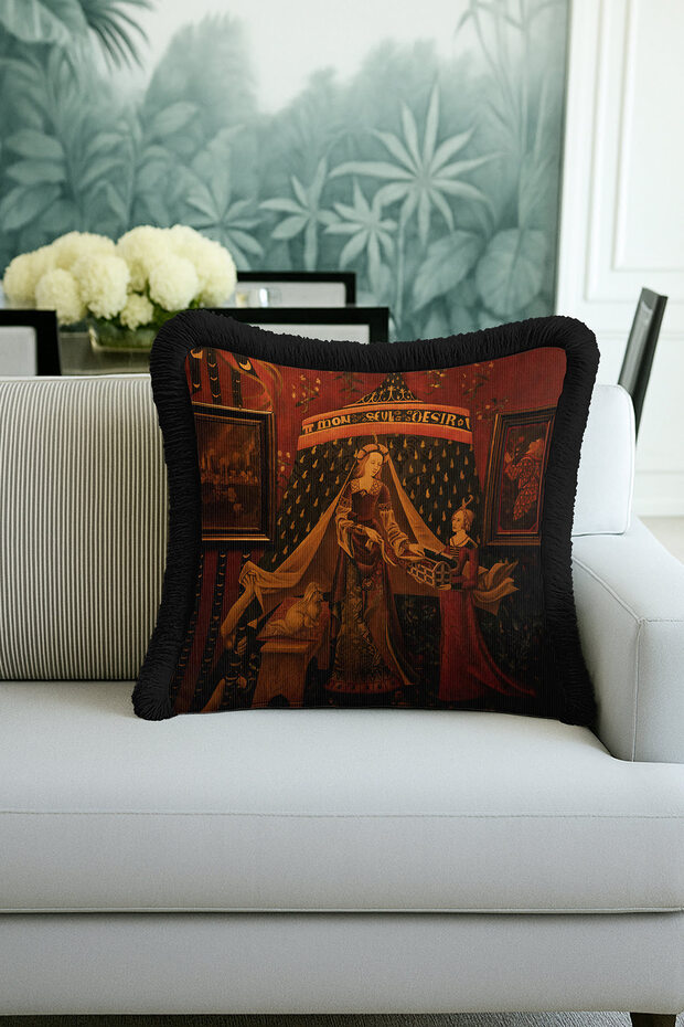 Medieval Palace Elegance Fringed Pillowcase - Royal Gothic Retro Black Tassel Throw Pillow Cover