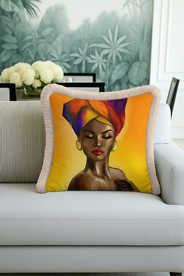 African Art Portrait Fringed Pillowcase - Eclectic Warm Yellow Modern Tufted Throw Pillow Cover