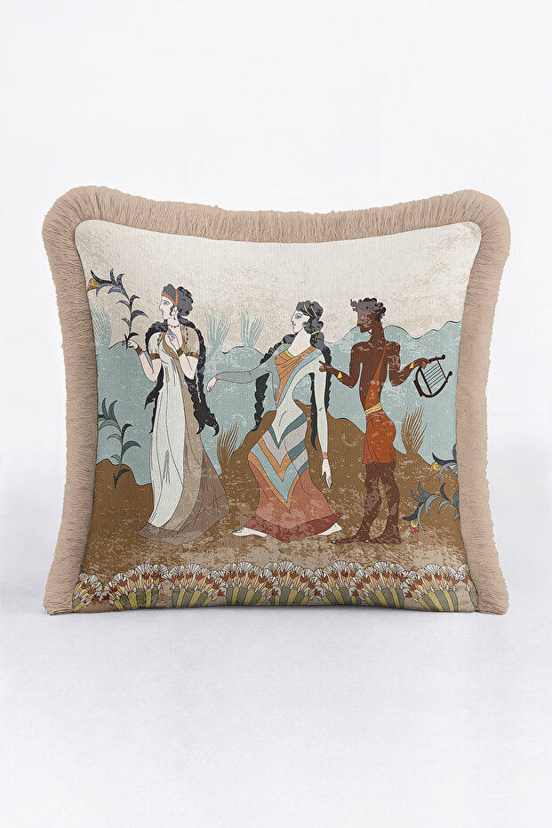 Fringed Pillowcase with Mythological Figure - Ancient Period Bohemian Light Brown Tassel Throw Pillow Cover