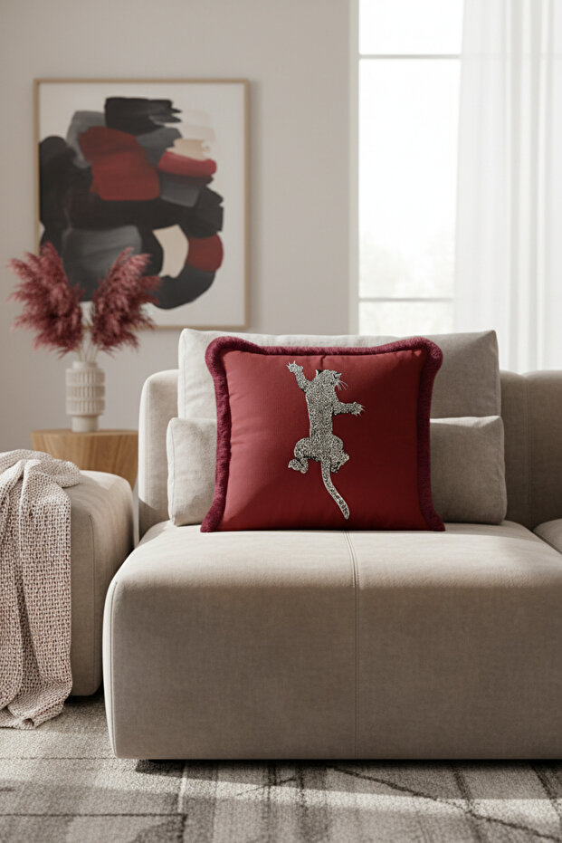 Leopard Figured Fringed Pillowcase - Wild Nature Bohemian Burgundy Tassel Throw Pillow Cover
