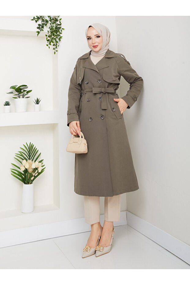 Women's Belted and Zipper Detailed Trench Coat