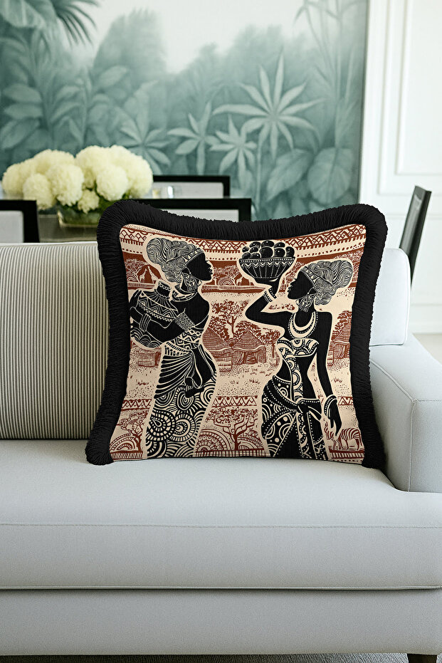 Ethnic African Art Fringed Pillowcase-African Bohemian Style Brown Black Tassels Throw Pillow Cover