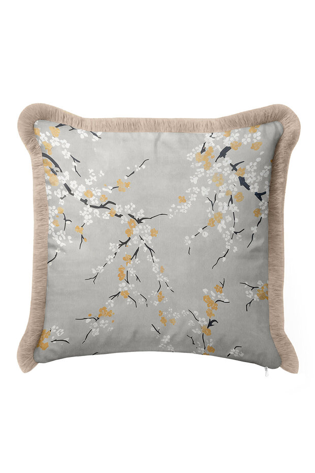 Luxury Floral Branch Fringed Pillowcase - Elegant Japanese-Inspired Modern Gray Cream Tufted Throw Pillow Cover