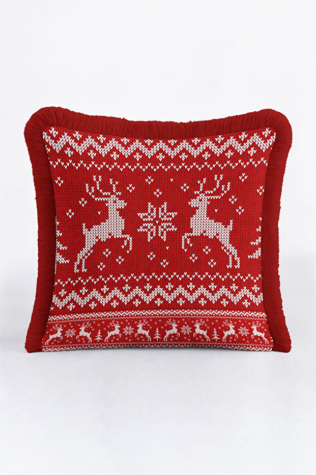 Nordic Deer Motif Fringed Pillowcase - Red Winter Themed Retro Tassel Throw Pillow Cover