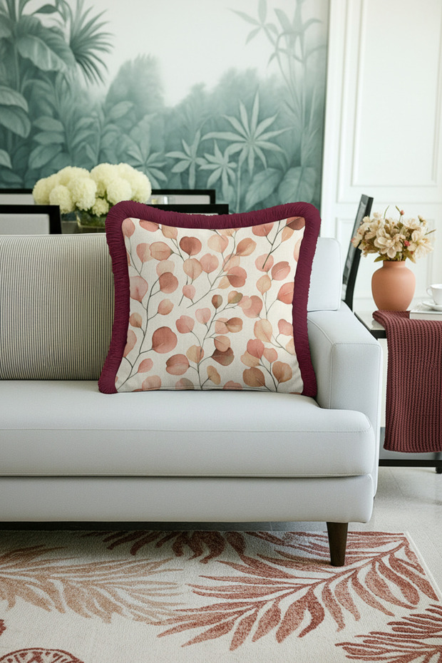 Modern Leaf Motif Fringed Pillowcase - Watercolor Autumn Bohemian Burgundy Tassel Throw Pillow Cover