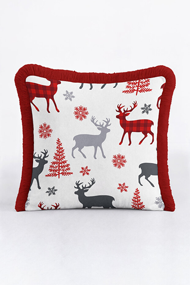 Nordic Deer Figured Fringed Pillowcase-Winter Themed Modern Red Gray Tassels Throw Pillow Cover