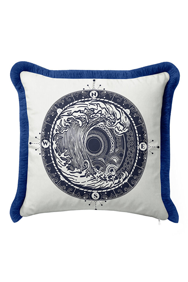 Yin Yang Waves Fringed Pillowcase - Compass Nautikal Navy Blue Modern Tufted Throw Pillow Case