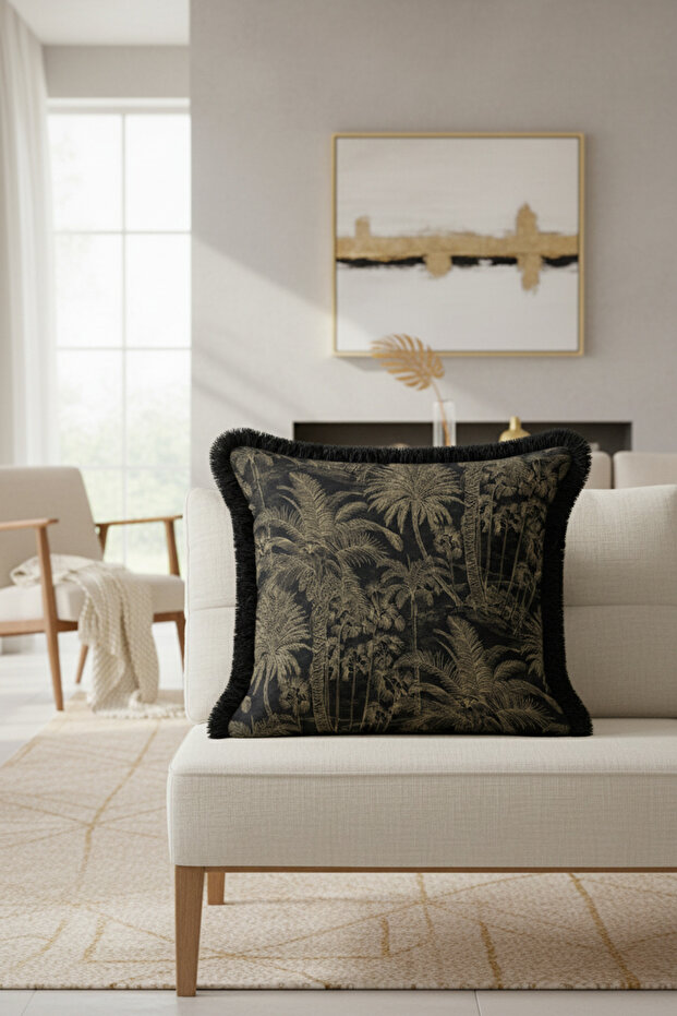 Luxury Tropical Palm Fringe Pillowcase - Exotic Bohemian Cream Black Tassel Throw Pillow Cover