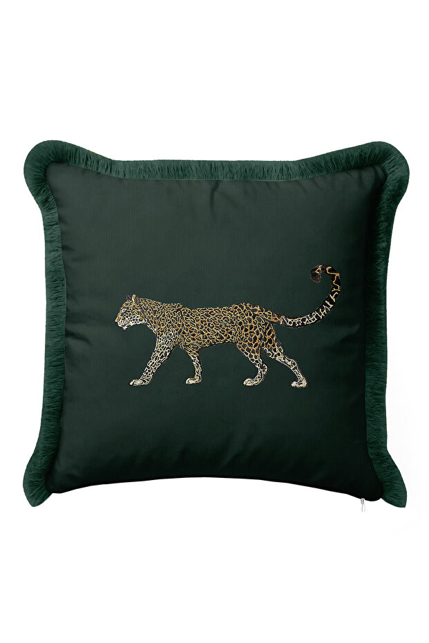 Luxury Leopard Print Fringe Pillowcase - Sapphire Green Elegant Bohemian Tassel Throw Pillow Cover