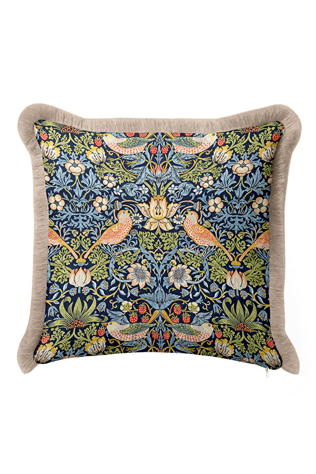 Morris Bird Garden Fringed Pillowcase - Victorian Bohemian Navy Blue Cream Tufted Throw Pillow Cover