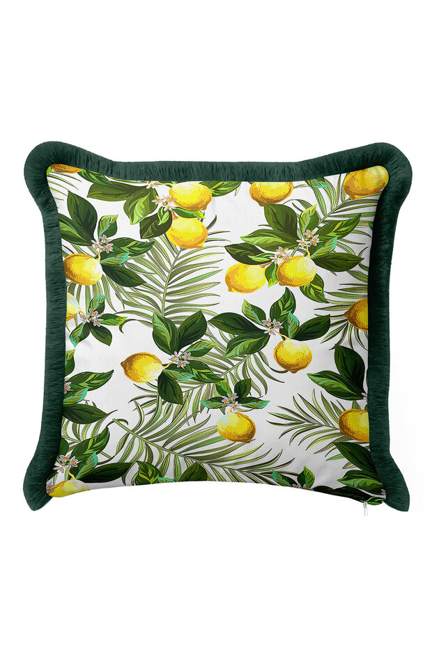 Lemon Garden Fringed Pillowcase - Tropical Nature Green Yellow Modern Tufted Throw Pillow Cover