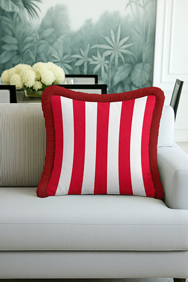 Striped Red Fringed Pillowcase - Vibrant Retro Style Red and White Tassel Throw Pillow Cover