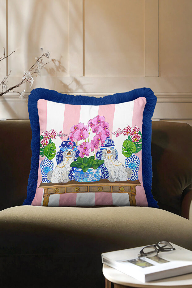 Tile Motif Luxury Fringe Pillowcase - Classic Modern Pink Blue Tufted Throw Pillow Cover