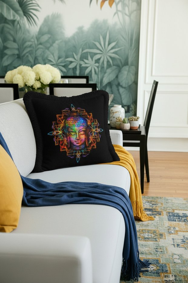 Spiritual Zen Mandala Fringed Pillowcase - Meditation Themed Bohemian Black Tassel Throw Pillow Cover