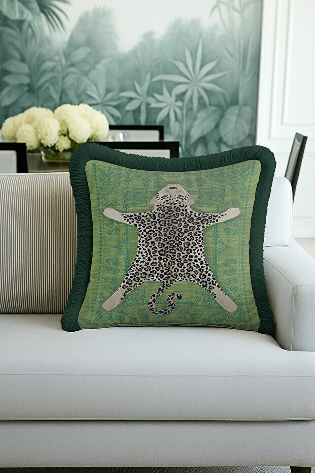 Leopard Print Luxury Fringe Pillowcase - Bohemian Style Green Black Tassel Throw Pillow Cover