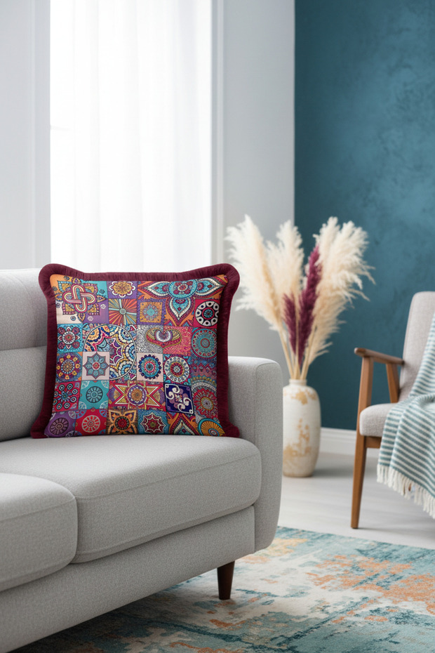 Bohemian Mandala Fringed Pillowcase - Eclectic Purple Turquoise Gold Colorful Tassel Throw Pillow Cover