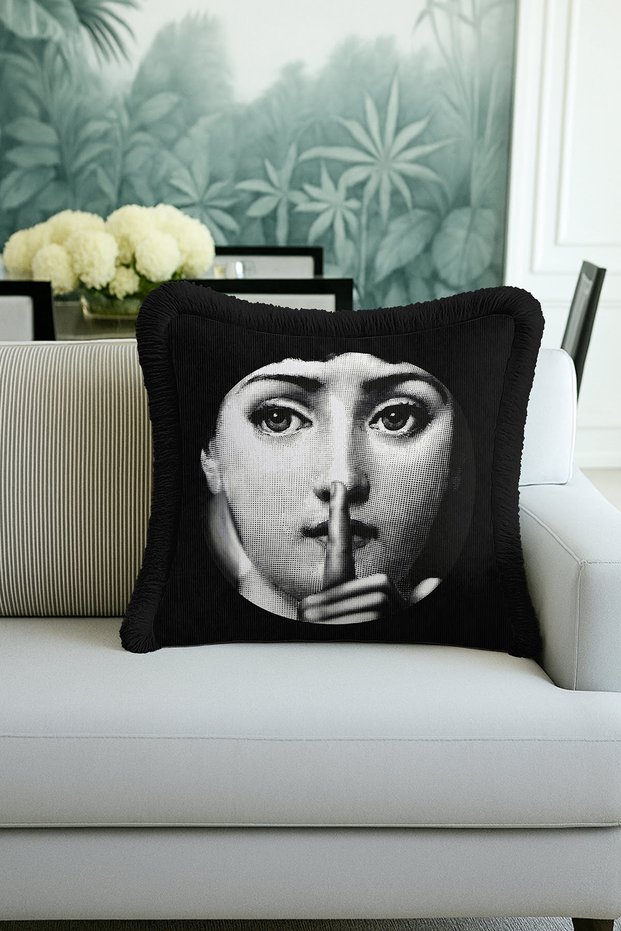Artistic Pop Art Fringed Pillowcase - Monochrome Minimalist Modern Black Tufted Throw Pillow Cover