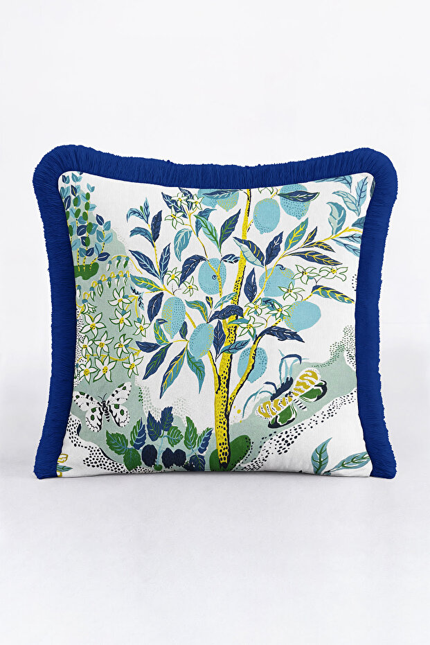 Luxury Botanical Garden Fringed Pillowcase - Vibrant Nature Modern Blue Green Tufted Throw Pillow Cover