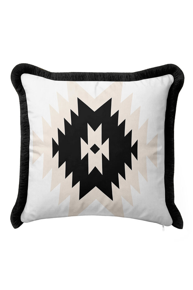Ethnic Geometric Fringed Pillowcase - Bohemian Black Cream Modern Tassel Throw Pillow Cover