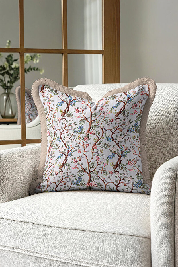 Baroque Garden Motif Fringed Pillowcase - Natural Pastel Vintage Rustic Blue Tufted Throw Pillow Cover