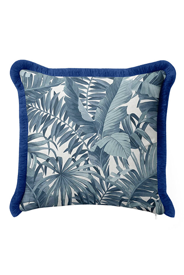 Tropical Leaf Fringe Pillowcase - Blue Natural Bohemian Navy Tassel Throw Pillow Cover