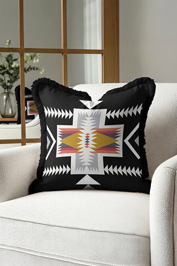 Ethnic Geometric Fringed Pillowcase - Bohemian Black Gray Gold Color Tassel Throw Pillow Cover