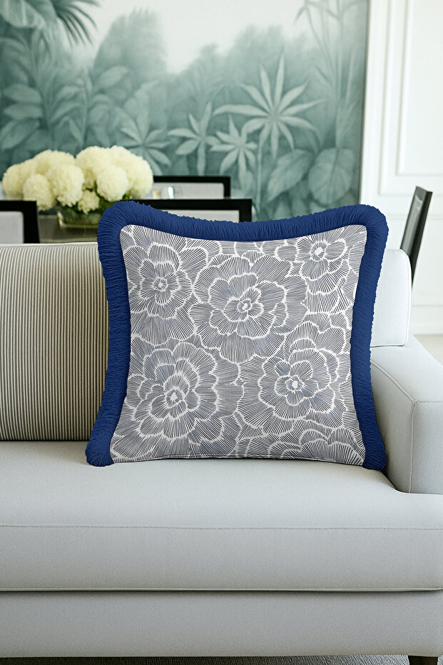 Luxury Striped Floral Motif Fringed Pillowcase - Elegant Blue Gray Modern Tufted Throw Pillow Cover