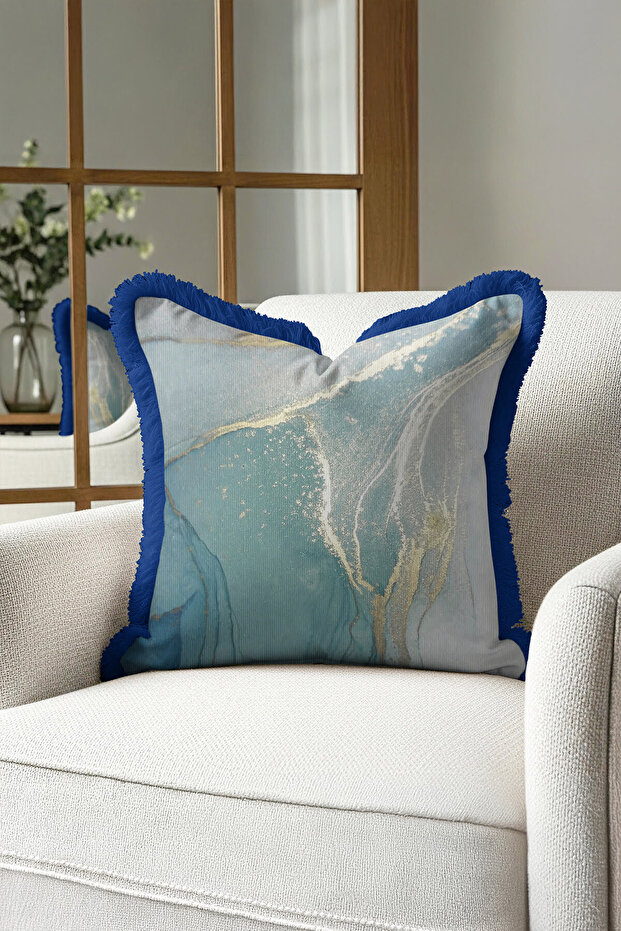 Marble Effect Luxury Fringed Pillowcase - Modern Aqua Gold Color Tufted Throw Pillow Cover