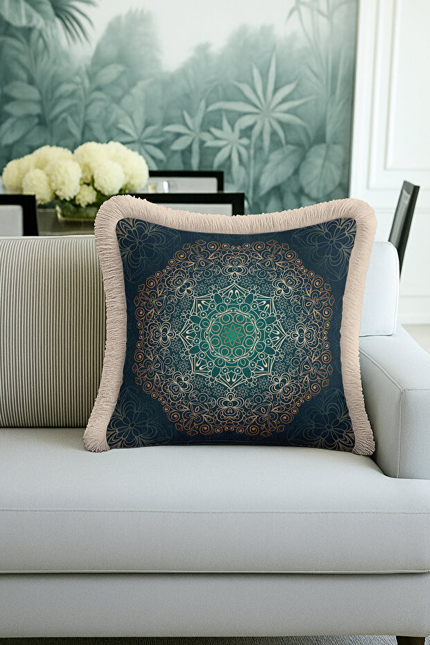 Luxury Mandala Fringed Pillowcase - Authentic Bohemian Green Gold Color Tassel Throw Pillow Cover