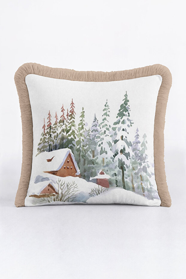 Snow Holiday Fringed Pillowcase - Winter Forest Themed Rustic Beige Green Tassel Throw Pillow Cover