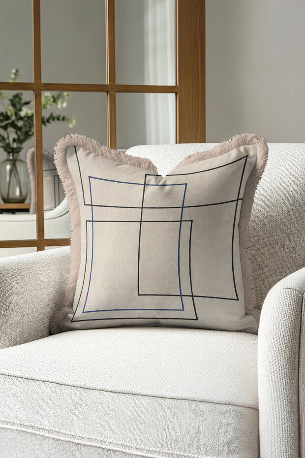 Geometric Modern Luxury Fringed Pillowcase-Corner Line Beige Nordic Blue Tufted Throw Pillow Cover