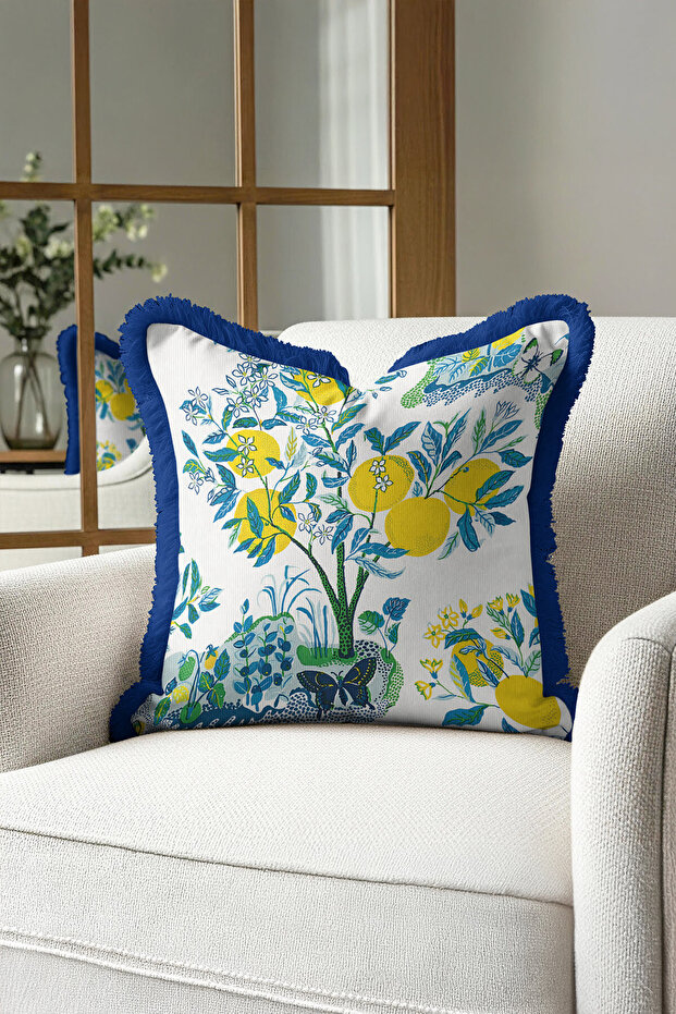 Lemon Tree Fringed Pillowcase - Mediterranean Inspired Bohemian Blue Yellow Tassel Throw Pillow Cover