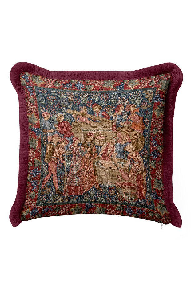 Medieval Feast Themed Fringed Pillowcase-Vintage Art Rustic Burgundy Blue Tassel Throw Pillow Cover