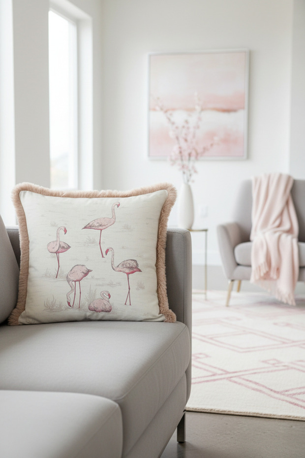 Flamingo Vintage Luxury Fringed Pillowcase-Pink Pastel Nostalgic Light Beige Throw Pillow Cover with Tassels