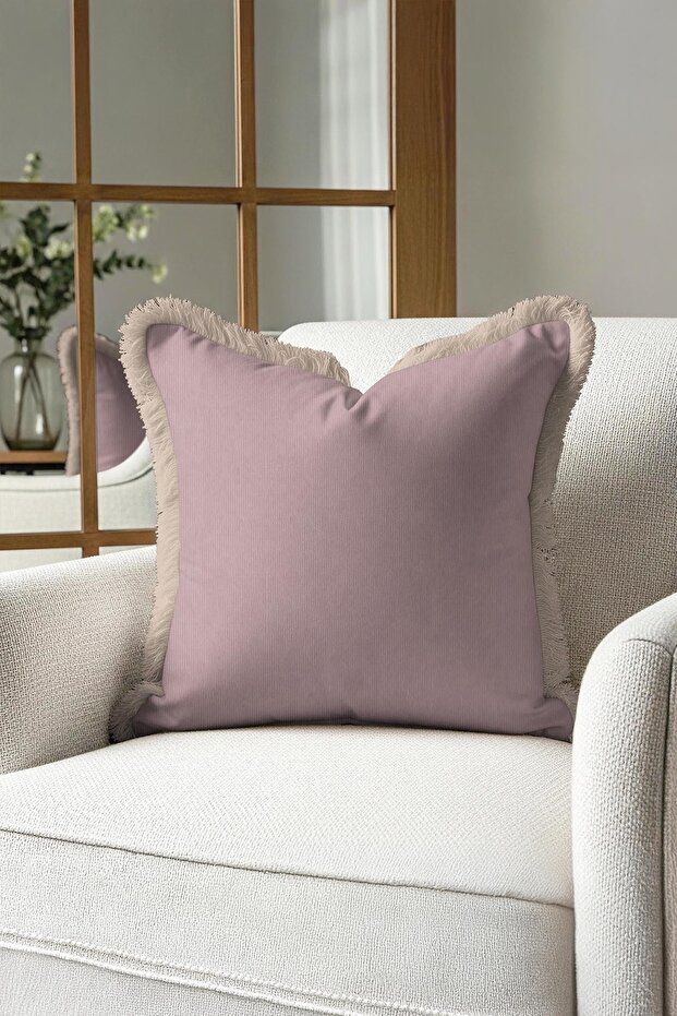 Elegant Powder Purple Fringed Pillowcase - Soft Modern Beige Tufted Throw Pillow Cover