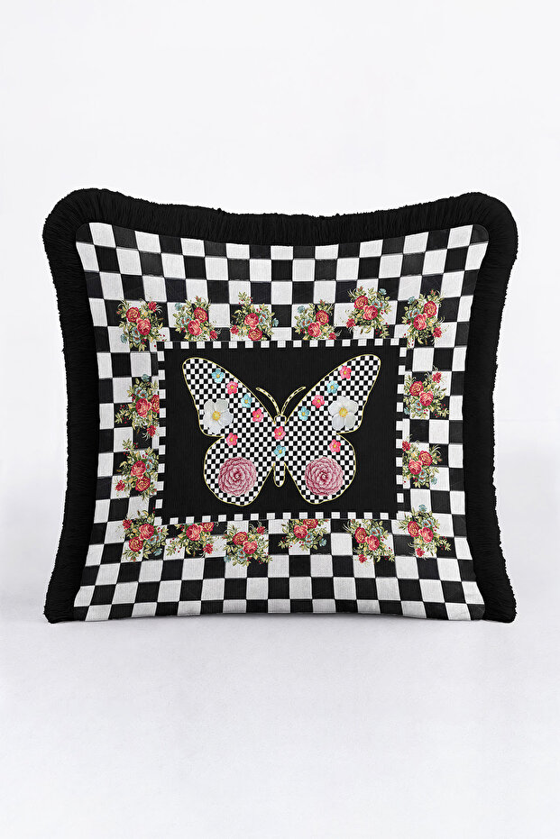 Luxury Checkered Floral Fringed Pillowcase - Bohemian Black Tassel Throw Pillow Cover with Butterfly Figure
