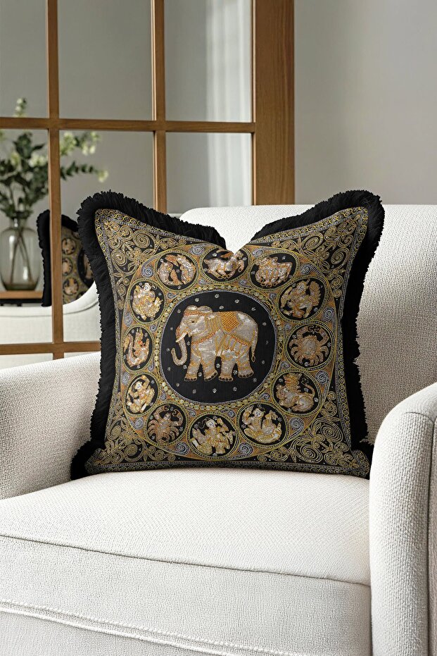 Timeless Indian Motif Luxury Fringed Pillowcase-Ethnic Black Gold Color Tassel Throw Pillow Cover