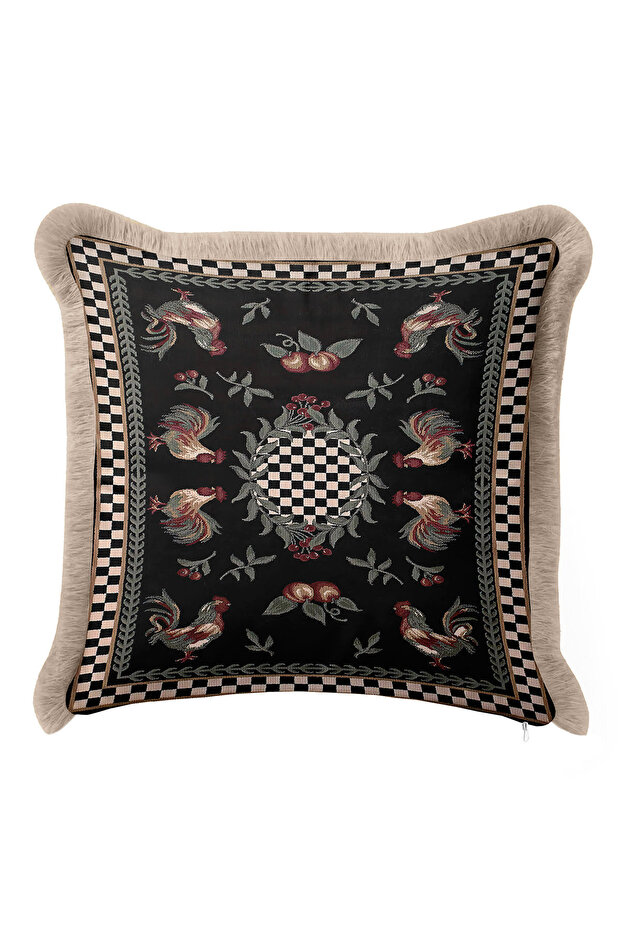 Rustic Peacock Motif Fringed Pillowcase - Vintage Country Black Cream Tufted Throw Pillow Cover